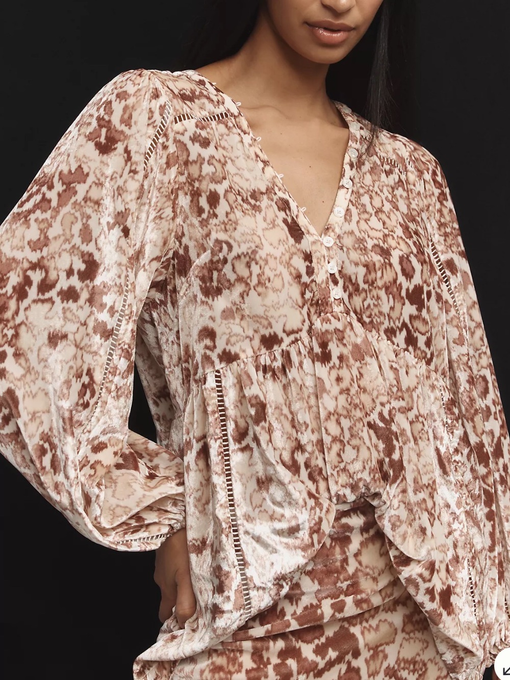 Anthropologie Long Sleeve Velvet Tunic Top in Cream and Brown Size XXS